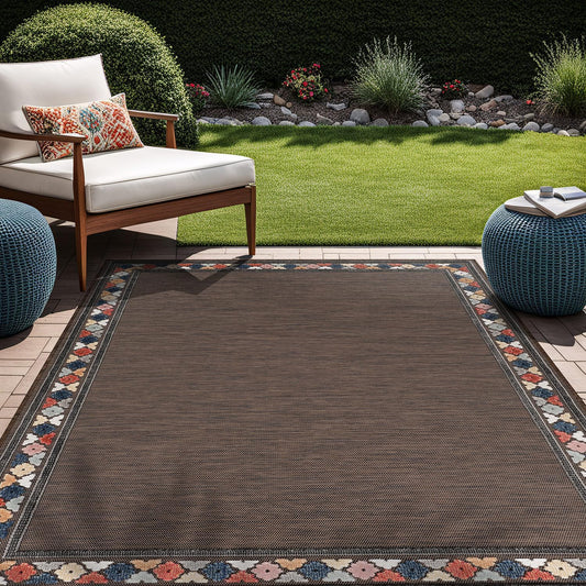 Beverly Rug Outdoor Rug 10x14 Modern Bordered Large Area Rugs for Indoor and Outdoor Patio Easy to Clean Non Shedding Living Room Porch Garden Washable Outside Carpet (10 x 14 Brown)