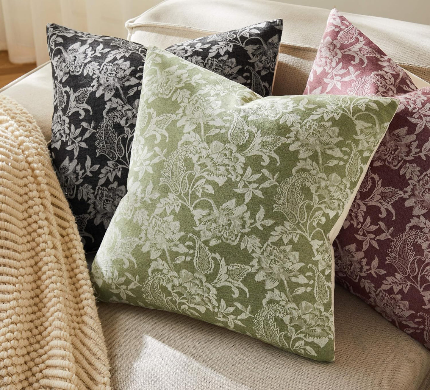 Floral Jacquard Throw Pillow Covers Set of 2, Background/Green 22x22 Inch, Farmhouse Decorative Cotton Sage Green Cushion Covers for Sofa Bed Living Room Home Decor