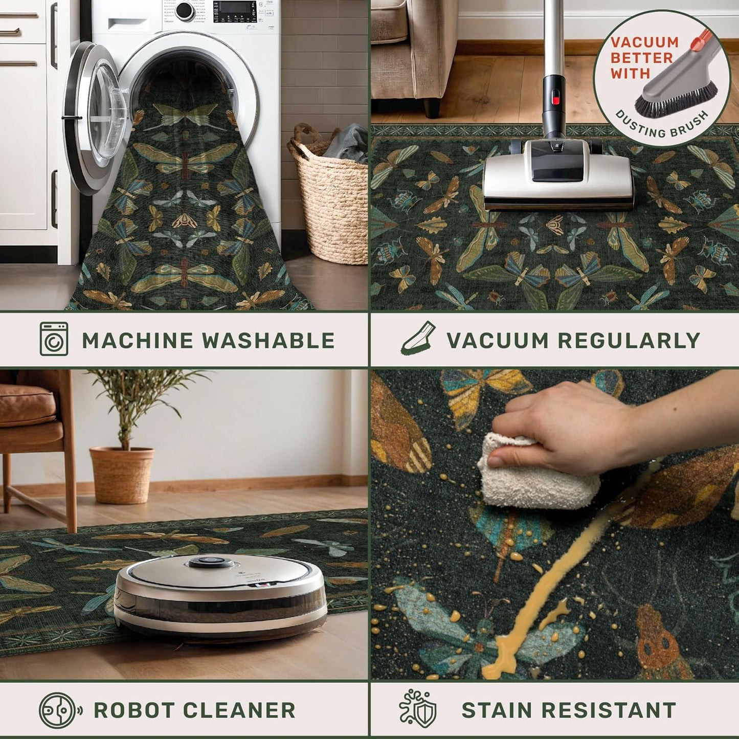 Black and Green Rug 5x8 for Living Room - Dark Moody Rugs for Dining Room Table, Playroom, Home Office, Insect Floral Moth Décor, Washable Non Skid Foldable