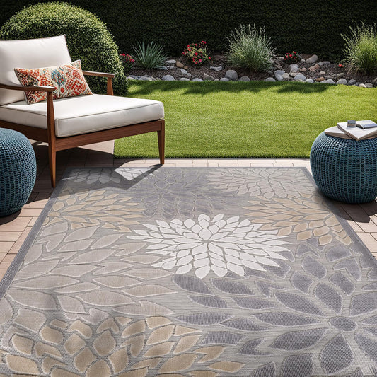 Beverly Rug Outdoor Rug 10x14 Large Modern Floral Tropical Area Rugs for Indoor and Outdoor Patio Easy to Clean Non Shedding Living Room Porch Garden Washable Outside Carpet (10 x 14 Gray)