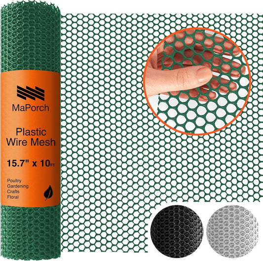 MaPorch Plastic Wire Mesh Fence - Hunter Green, 15.71" x 10 ft - Plastic Chicken Wire Fencing for Dogs, Rabbits & Poultry - Chicken Netting Barrier - Balcony Netting for Pets - Balcony Cat Barrier