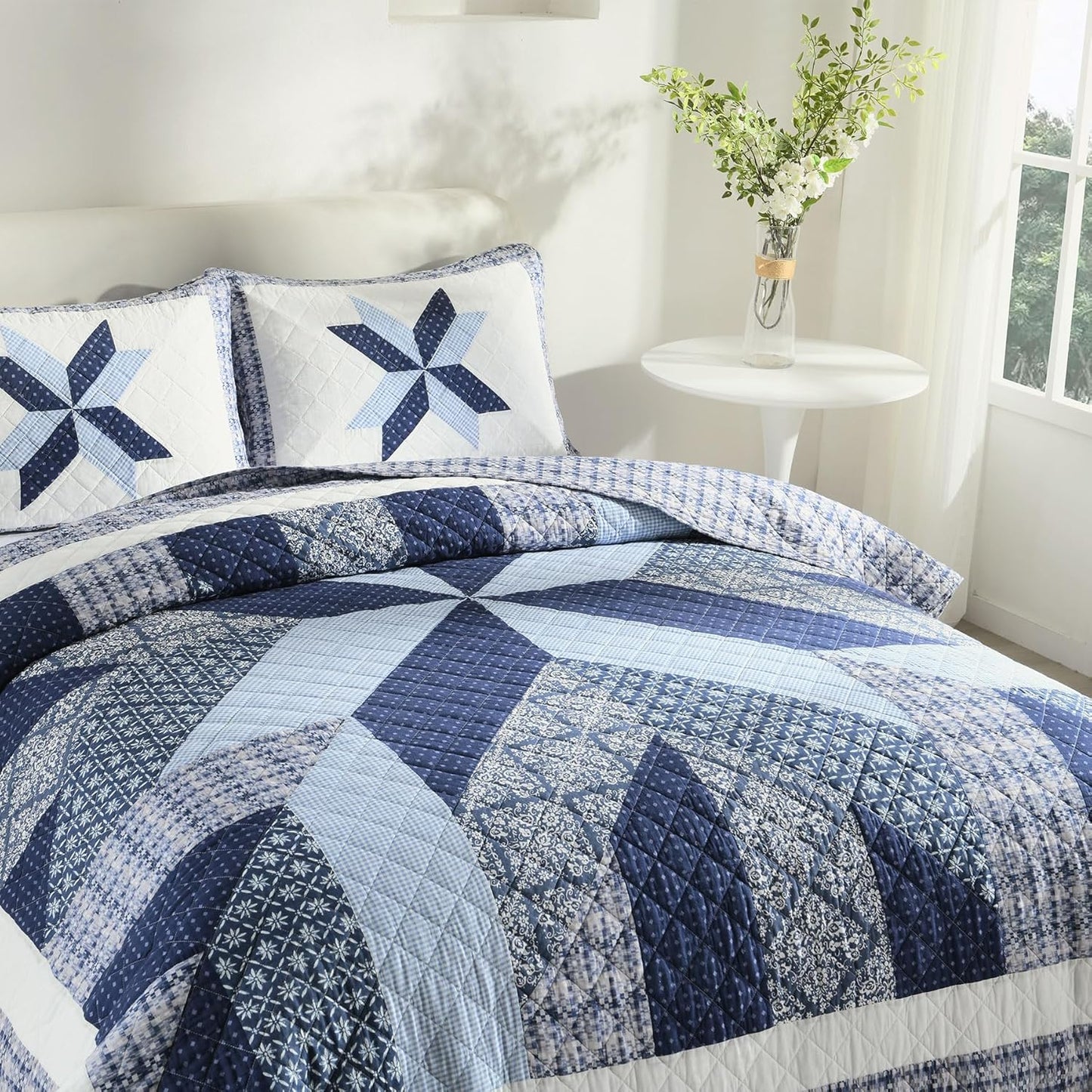 Secgo Handmade Quilted 100% Cotton King Comforter Set for Bed - 100% Cotton Quilts King Size, Black Bedspreads (96 * 108 Inch) with 2 Pillow Shams, Patchwork Reversible Lightweight Bedding