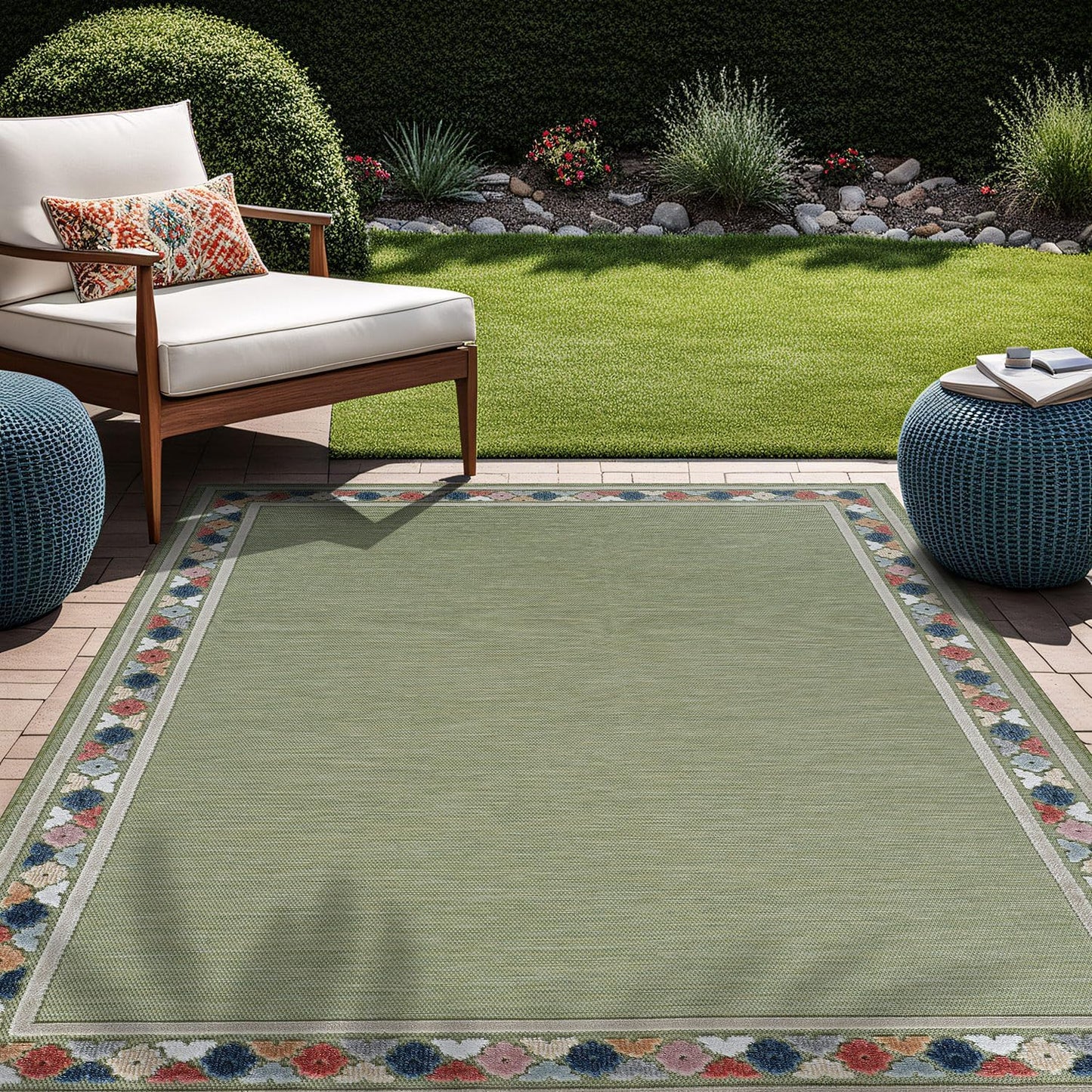 Beverly Rug Outdoor Rug 10x14 Modern Bordered Large Area Rugs for Indoor and Outdoor Patio Easy to Clean Non Shedding Living Room Porch Garden Washable Outside Carpet (10 x 14 Green)