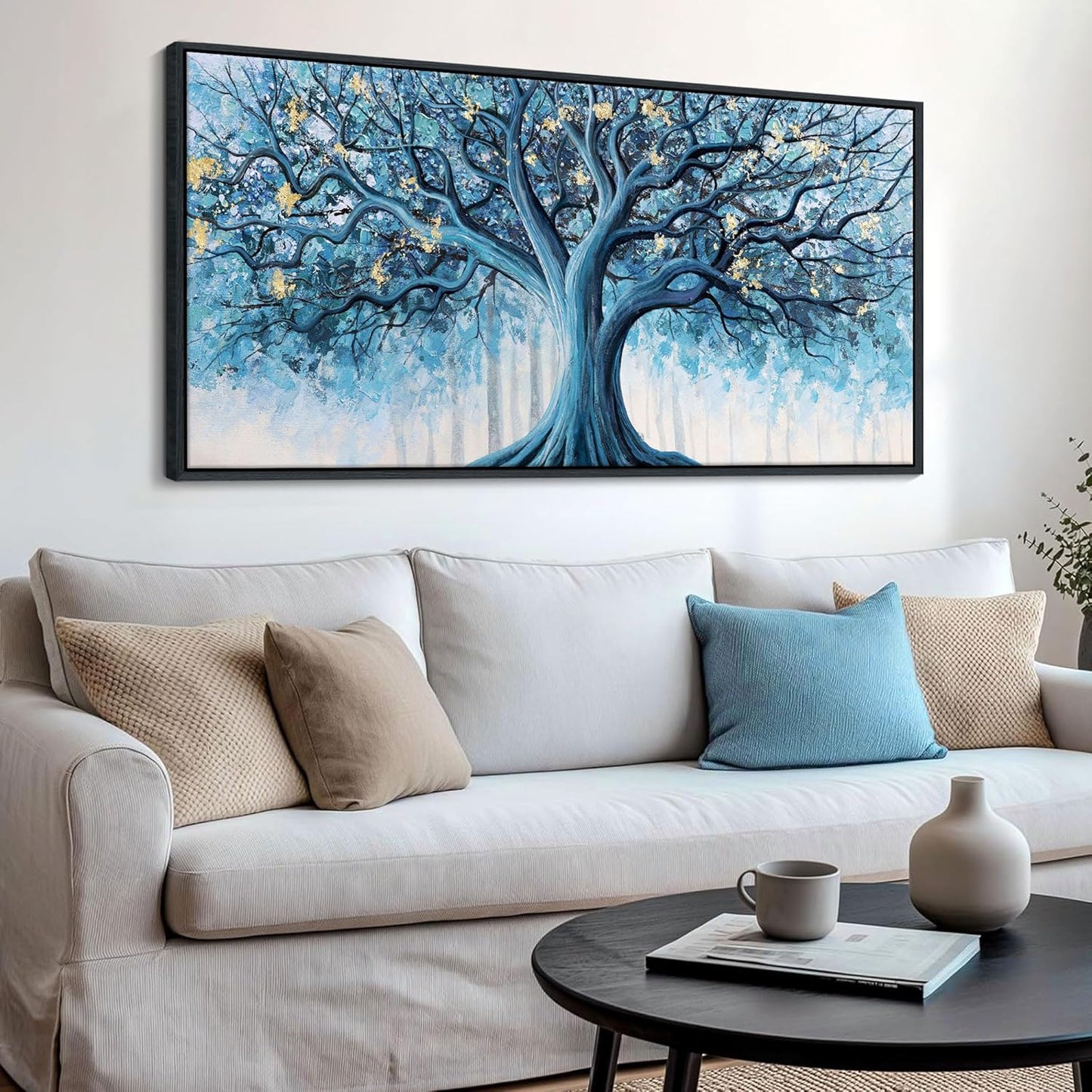 Navy Blue Canvas Wall Art - Blue and Gold Nature Wall Decor, Tree of Life for Bedroom Wall Art, Large Pictures for Living Room, Office, or Bedroom, Framed Landscape Artwork 20×40IN