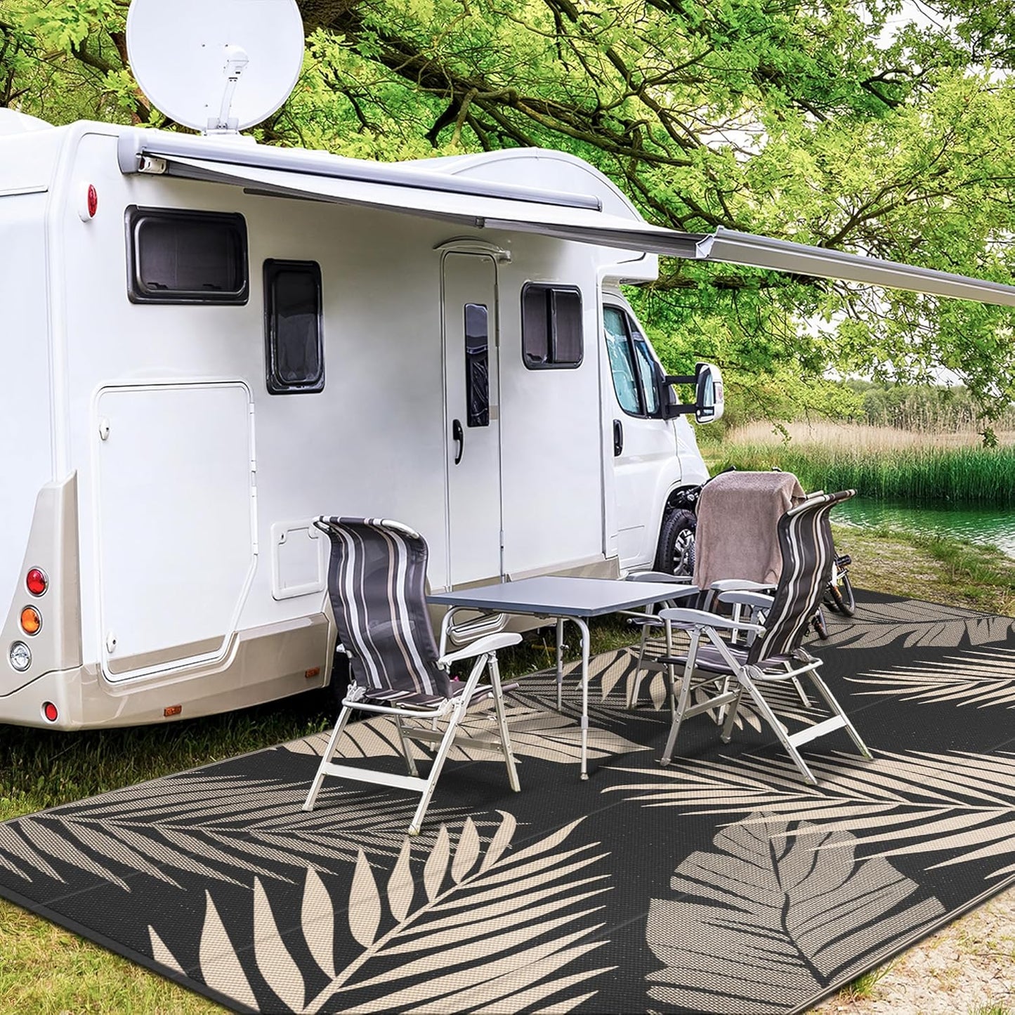 GENIMO Outdoor Rug 10' x 14' Waterproof for Patios Clearance, Reversible Outdoor Plastic Straw Camping Rug Carpet, Large Area Rugs Mats for RV, Camper, Deck, Balcony, Porch, Beach, Picnic, Black&Beige