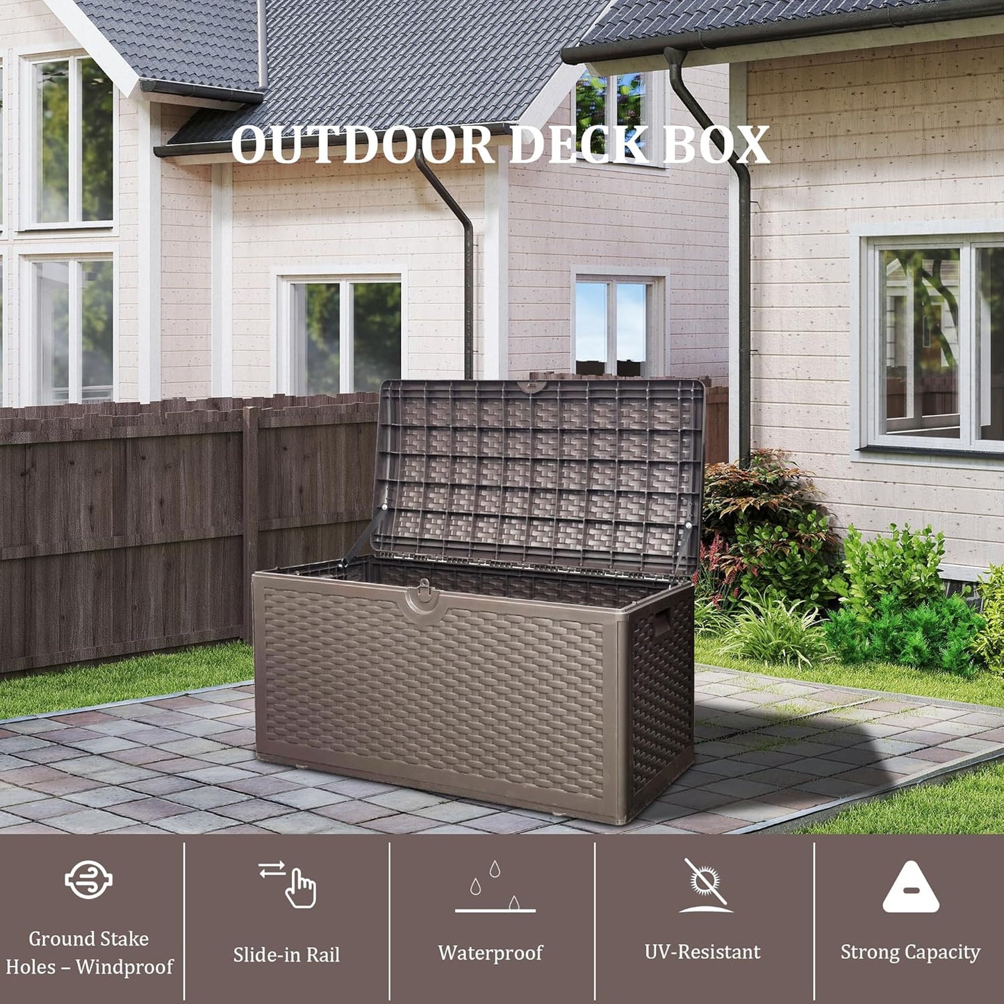 80 Gallon Pro Outdoor Storage Box Waterproof Lockable Resin Deck Box Large, Patio Storage Bin for Pool Accessories Cushion Furniture, Garden Tools, UV-Resistant Outside Delivery Brown