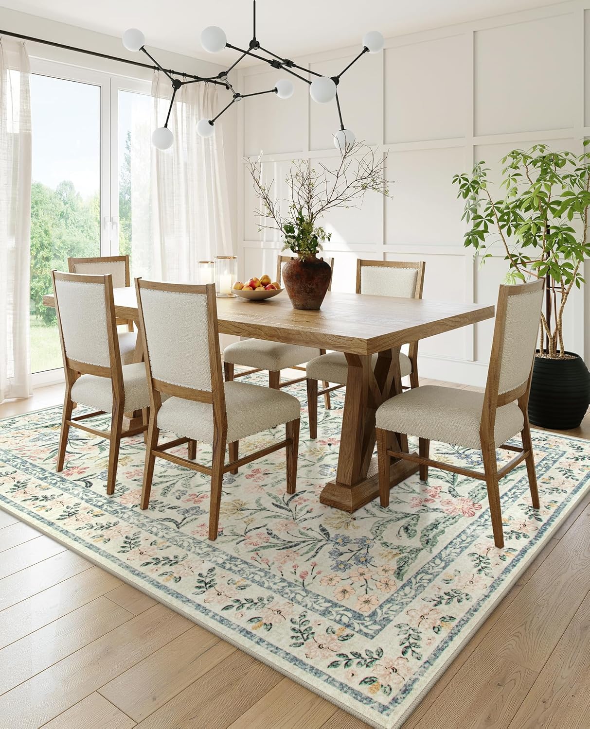 Wonnitar Large Washable 8x10 Rug, Boho Living Room Rug 8 x 10, Soft Floral Carpet for Bedroom Non Slip, Indoor Soft Beige Carpets for Dining Room Apartment Office