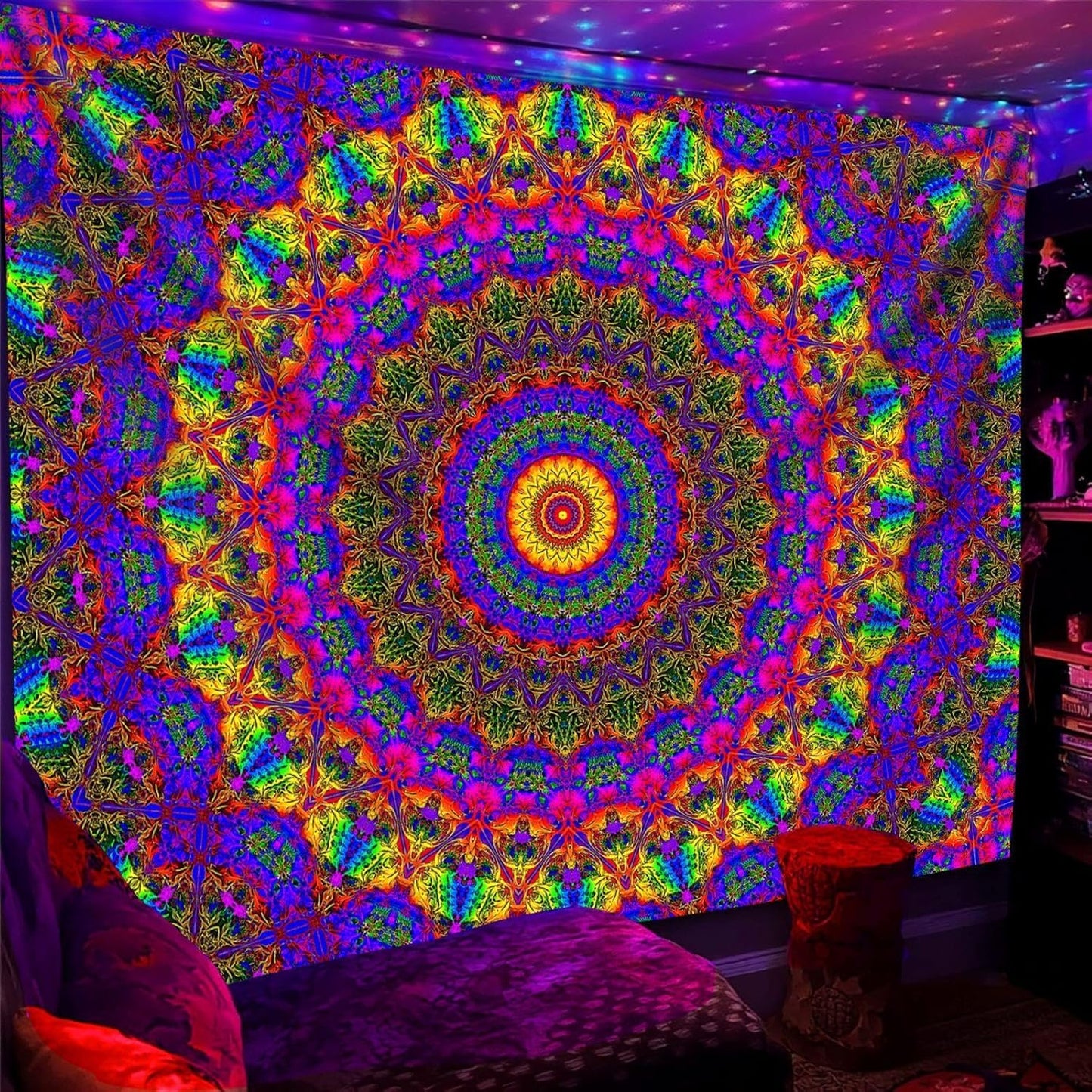 PSYHILAR Blacklight Mandala Boho Tapestry, Black Light Bohemian Hippie Poster for Adults and Teens, Aesthetic Colorful UV Reactive Wall Art Decor for Bedroom (80 x 60 Inches)