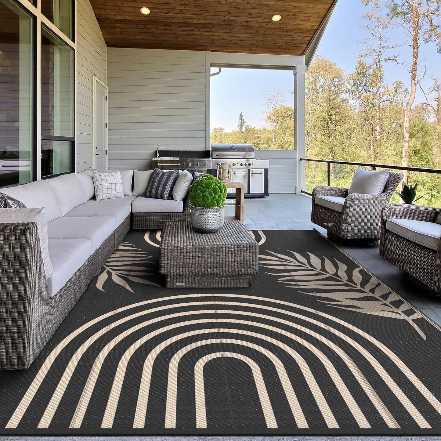 GENIMO Outdoor Rug 8' x 10' Waterproof for Patio Clearance, Reversible Lightweight Plastic Straw Camping Carpet, Large Area Rugs Mats for Rv, Backyard, Deck, Porch, Picnic, Balcony, Mix-Black & Beige