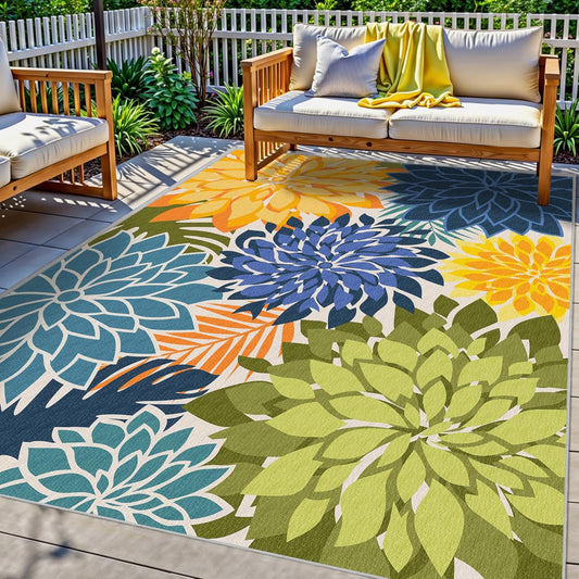 Indoor Outdoor Area Rug Washable Multicolored Patio Rug Tropical Botanical Modern Floral Indoor Outdoor Carpet Non Slip Yellow Green Rug Non Shedding for Patio, Deck, Backyard, Porch (6x9)