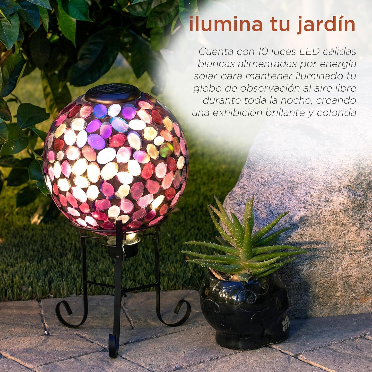 Alpine Corporation Outdoor Solar Powered Pink Glass Mosaic Gazing Globe with LED Lights and Metal Stand, Violet