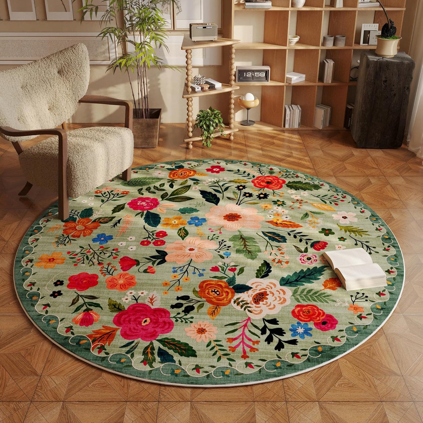 Round Rug 6ft Washable Circle Rug Non Slip Low Pile Boho Floral Small Circular Rug for Bedroom, Bathroom, Entryway, Kids Room, Office, College Dorm(Green)