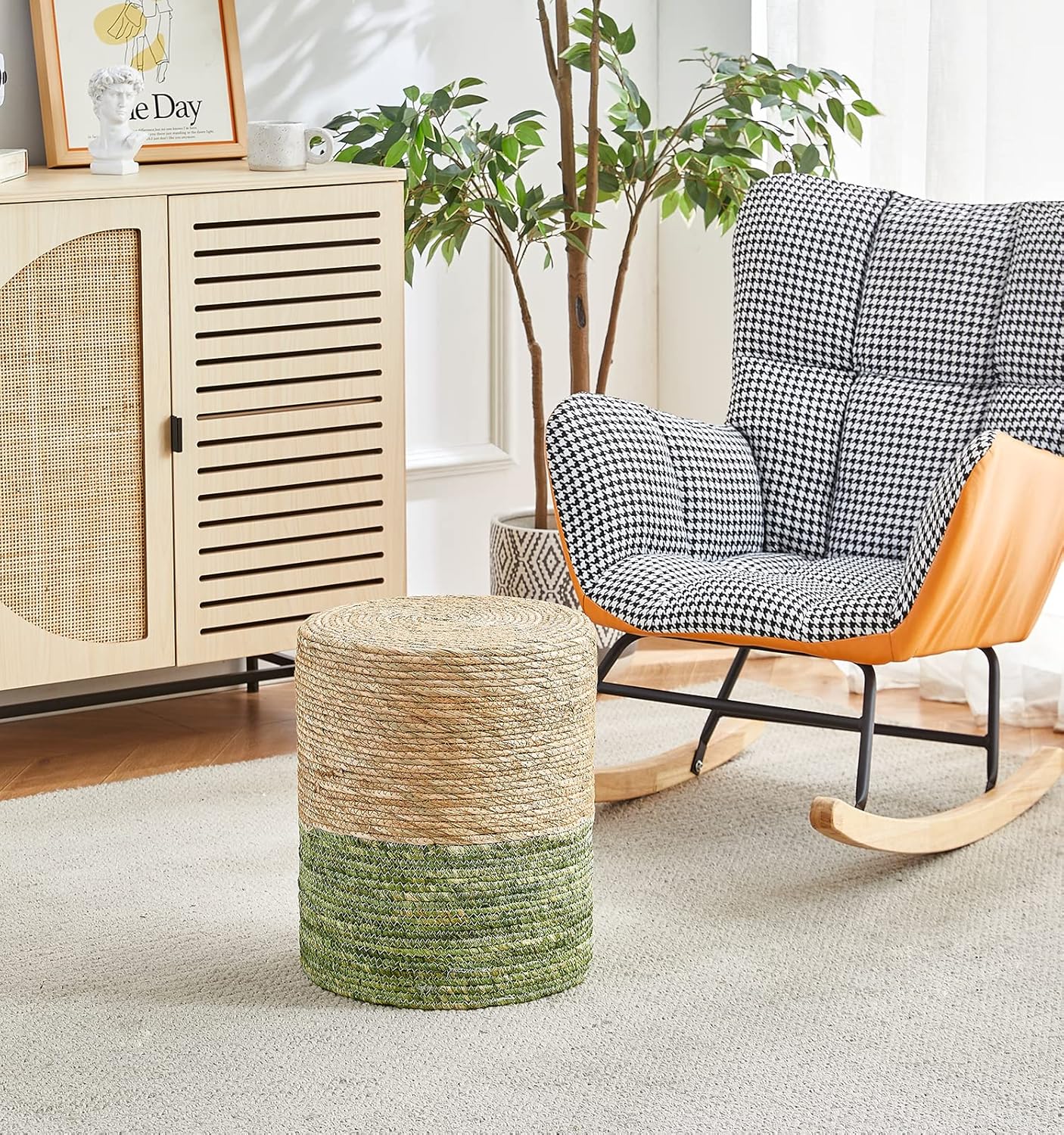 Cplxroc Ottoman Poof Natural Seagrass Poufs Hand Weave Round Footstool Pouffe Accent Chair Sitting Braided Footrest W/Jute Cover Boho Decor for Living Room, Bedroom