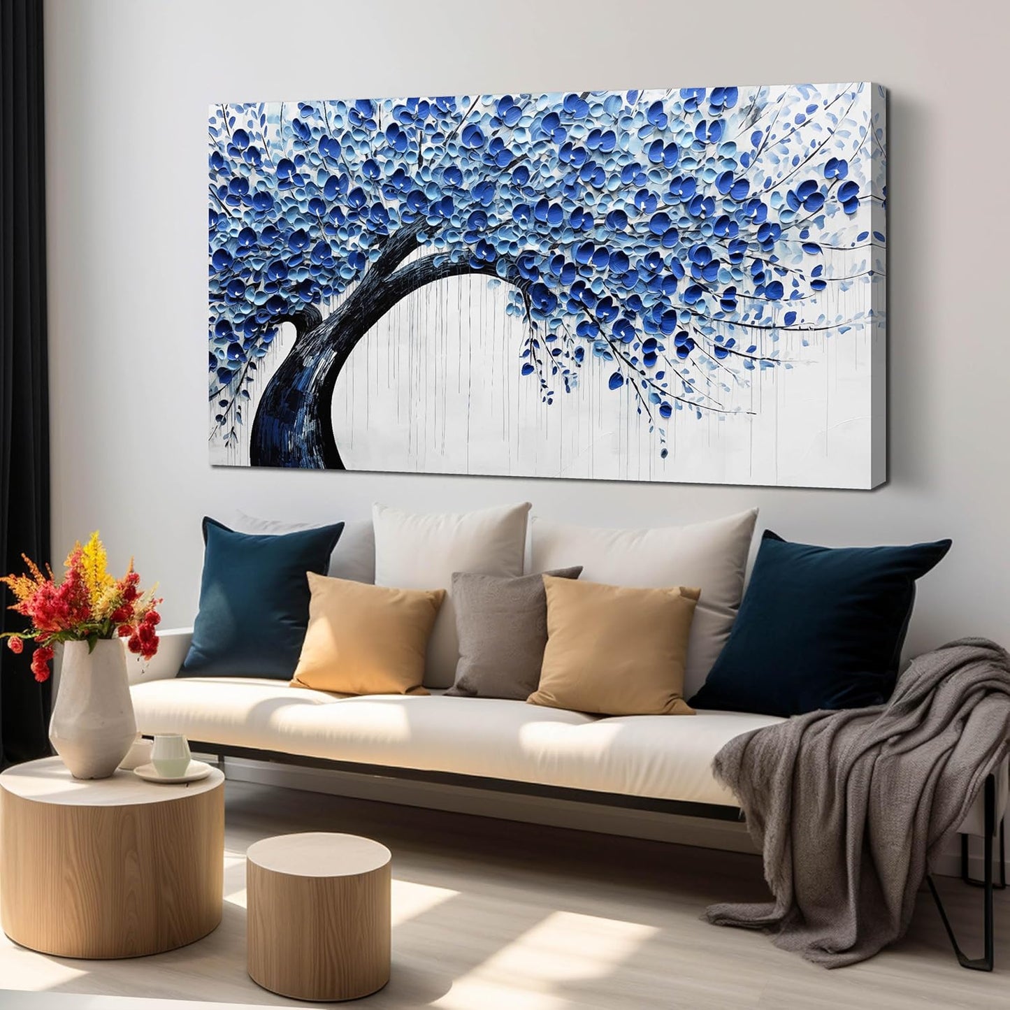 Large Wall Art for Living Room Bedroom Home Office Blue Tree of Life Wall Art Floral Picture Framed Wall Decor Modern Canvas Prints 29x59 In