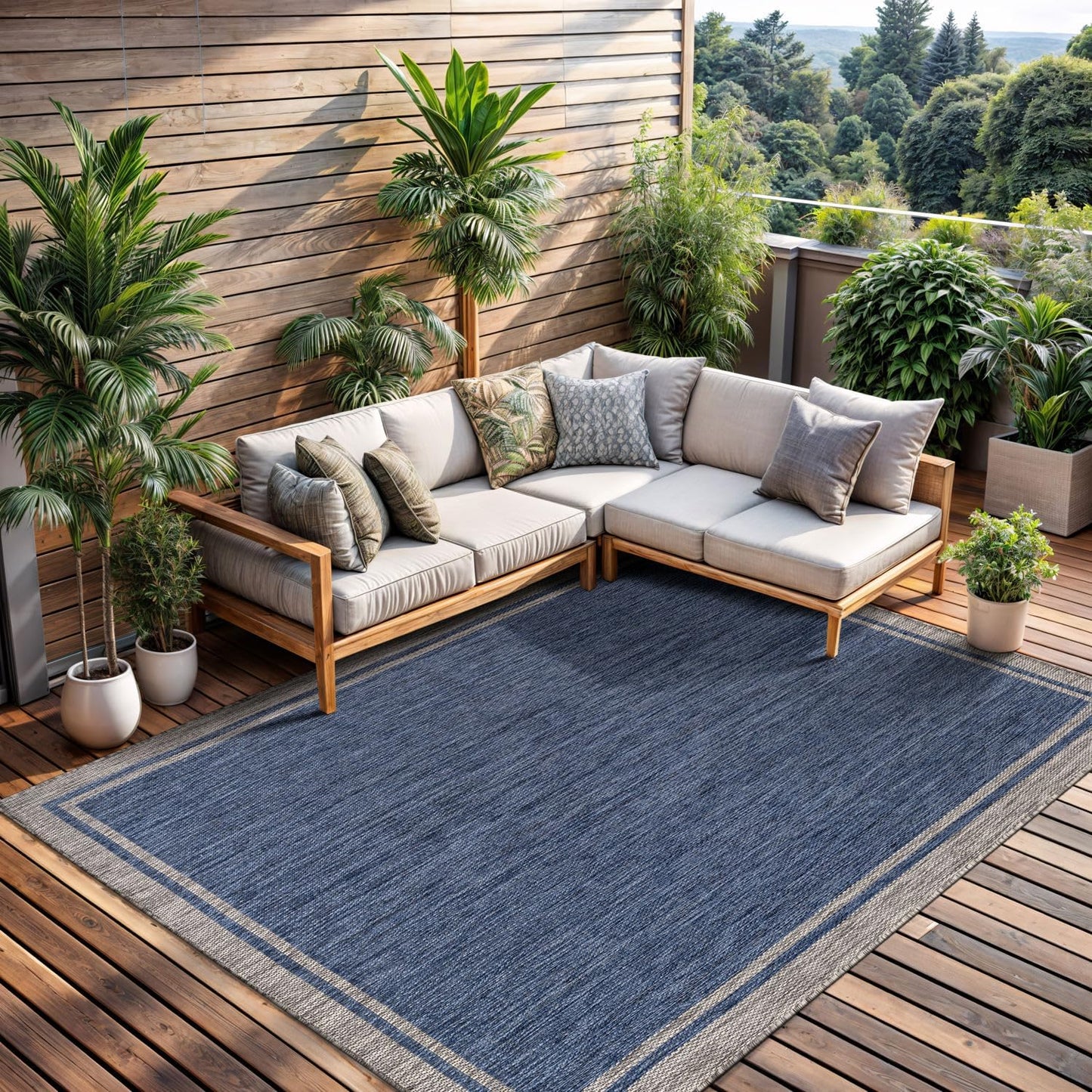 CAMILSON Outdoor Rug, 6x9 Bordered Navy Blue Gray Modern Area Rugs for Indoor and Outdoor Patios, Porches Waterproof Washable Porch Deck Outside Carpet (Bordered Navy, 6 x 9)