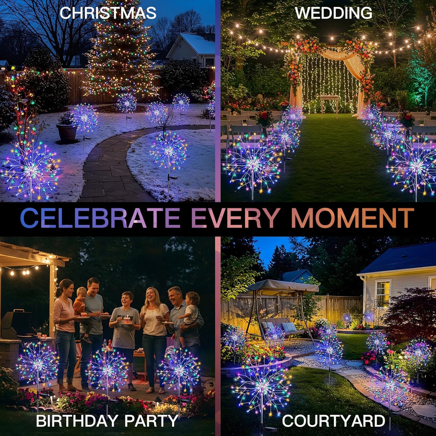 suddus Solar Garden Lights Outdoor Waterproof, Upgrade 2 Pack 150LED Solar Firework Lights, 8 Modes Starburst Fairy Light for Front Yard, Driveway, Bushes, Patio Christmas Decor (Multicolor)