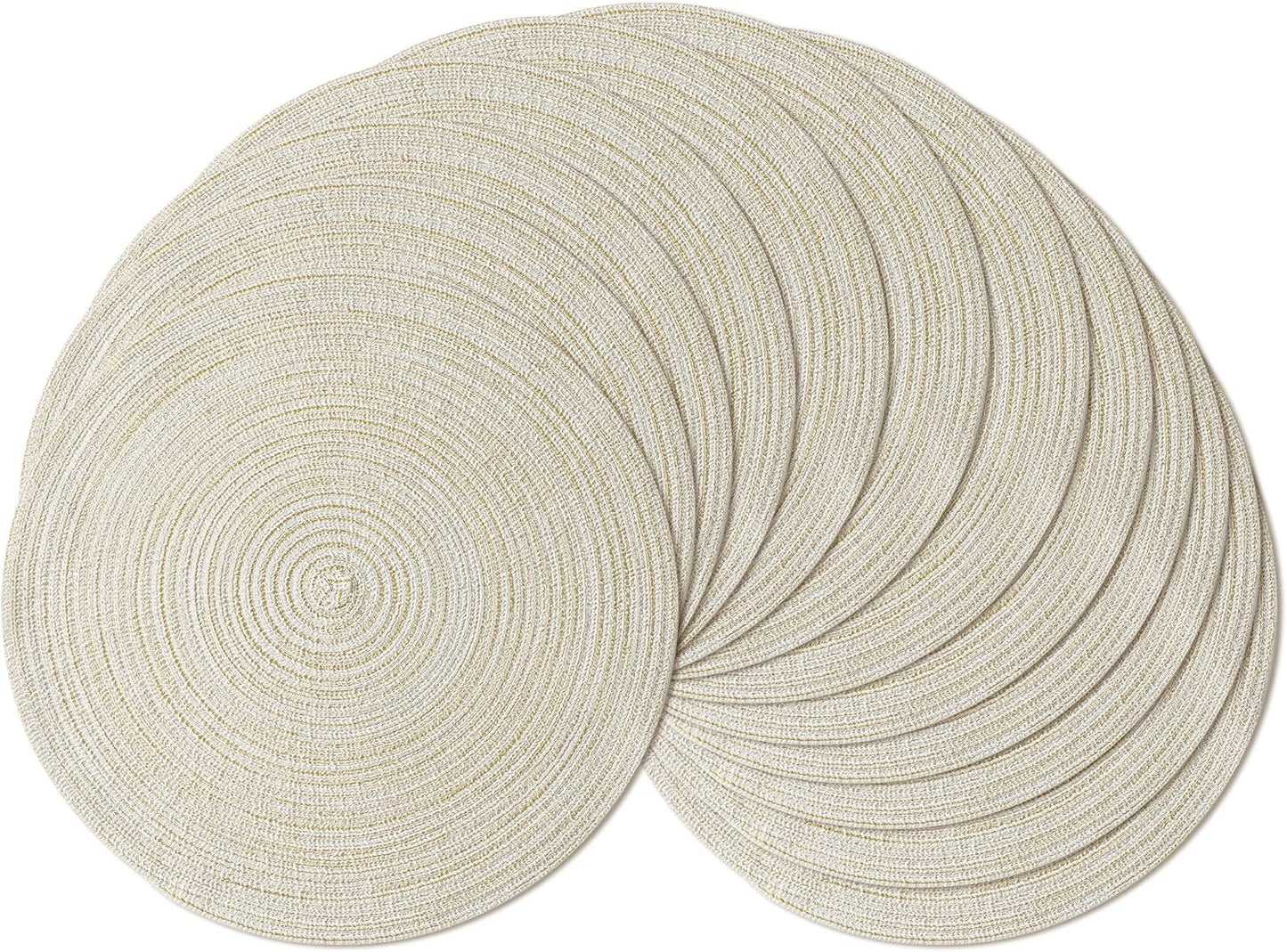 Leetaltree Round Placemats Heat and Slip Resistant Cotton Table Mats, Washable Bohemian Placemats for Dining Tables (White Beige, Set of 12)