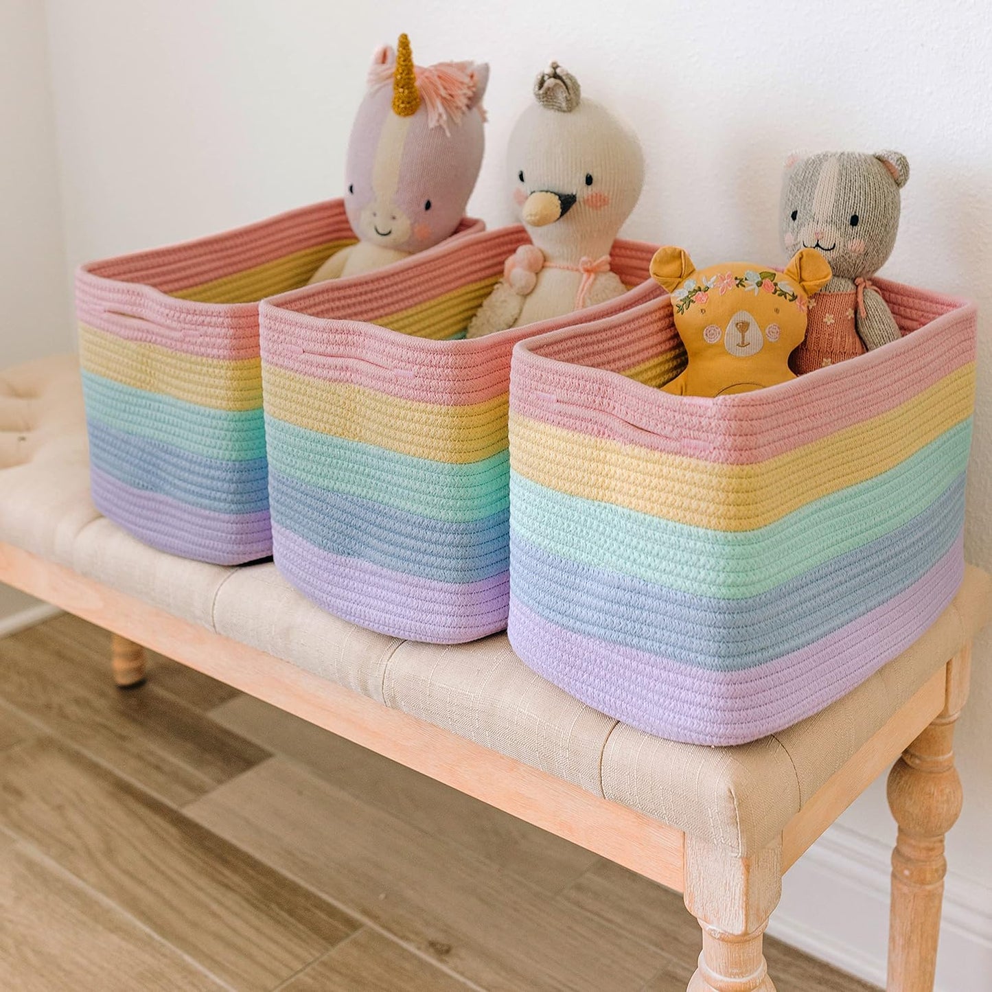 OrganiHaus Rainbow Woven Storage Baskets for Organizing, Cotton Rope Organizer Bins for Shelves, Closet & Nursery, Dog Toy Basket, Decorative Bins for Toys, Towels & Books - 15x10x9