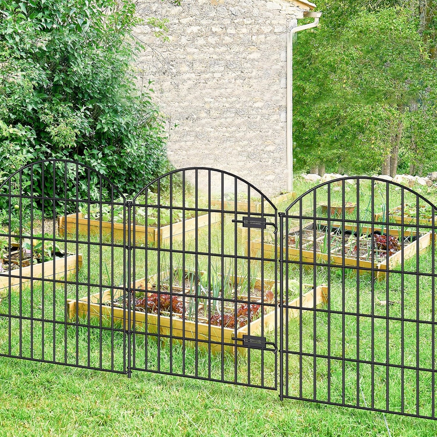 Metal Garden Fence with Gate 36in (H) x 11.7ft (L), 1 Gate+ 4 Panels Dog Fence Border Fence Animal Barrier, No Dig Garden Fencing for Yard Flower Bed Lawn Patio Outdoor, ECG3505, Black