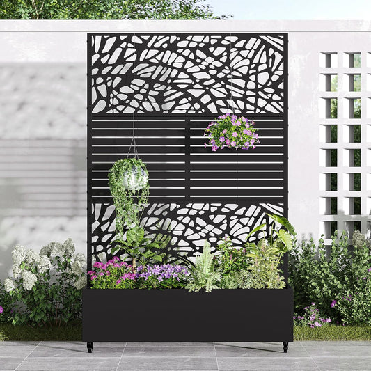 Casaphoria Metal Raised Garden Bed with Trellis and Wheels, 72"x47"x16" Planter Box for Climbing Plants, Vegetables & Vines, Features Drainage Holes and Privacy Screen, Black(Net&Helen)