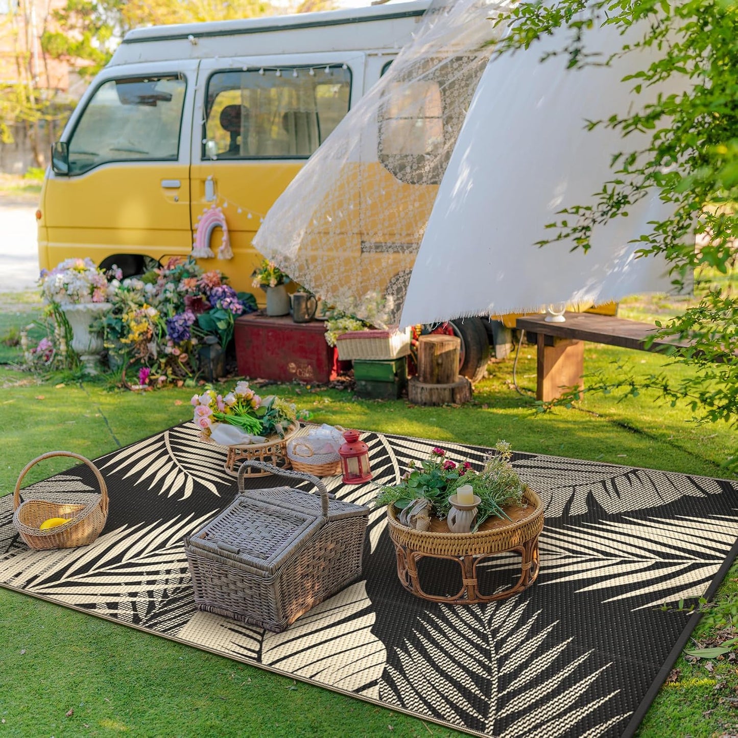 GENIMO Outdoor Rug 6' x 9' Waterproof for Patios Clearance, Reversible Outdoor Plastic Straw Camping Rug Carpet, Large Area Rugs Mats for RV, Camper, Deck, Balcony, Porch, Beach, Picnic, Black&Beige