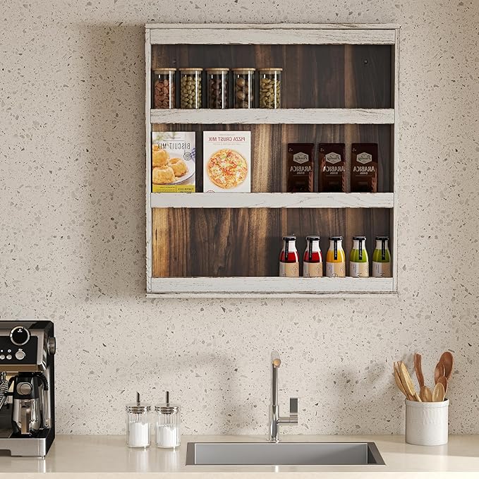 Nisorpa 3 Tier Spice Rack Wall Mount, Rustic Burnt Wood Wall Hanging Spice Rack Kitchen Spice Shelf Organizer for Seasoning Jars or Condiment Bottles, 19.68 x 3.35 x 21.25 Inches