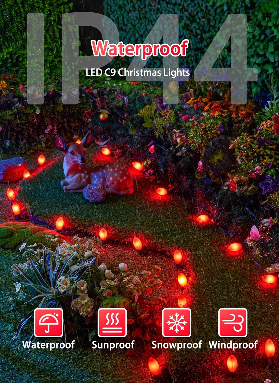 Vintage C9 LED Christmas Lights Outdoor, 50 Feet C9 String Lights with 50 Shatterproof Matte Bulbs, Connectable Waterproof Lights for Holiday Party Roofline Backyard Garden Patio, Red