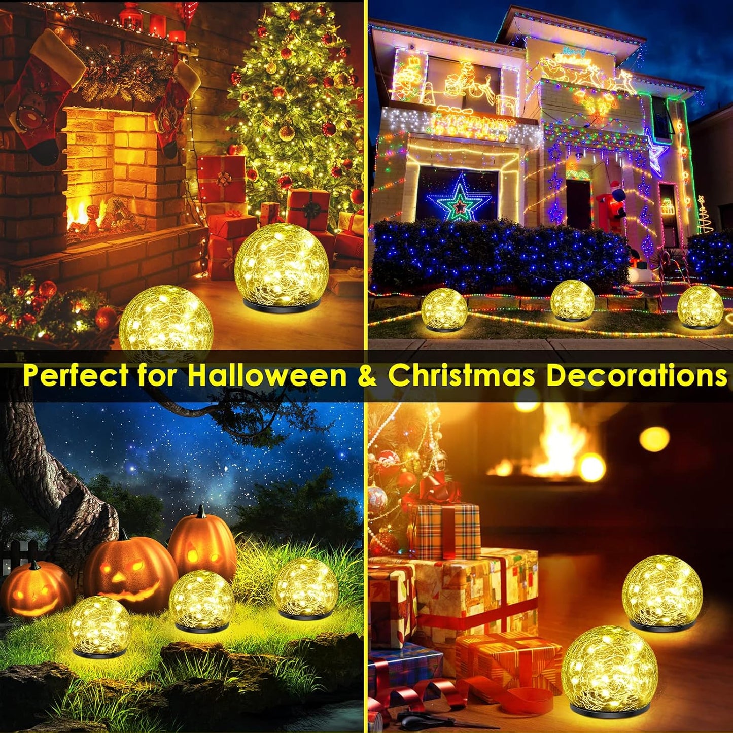 Solar Garden Lights, 4 Pack 120 LED Warm White Cracked Glass Outdoor Decorative, Upgraded Waterproof Ball for Yard Pathway Patio Lawn Christmas Outside Decor, 3.94"