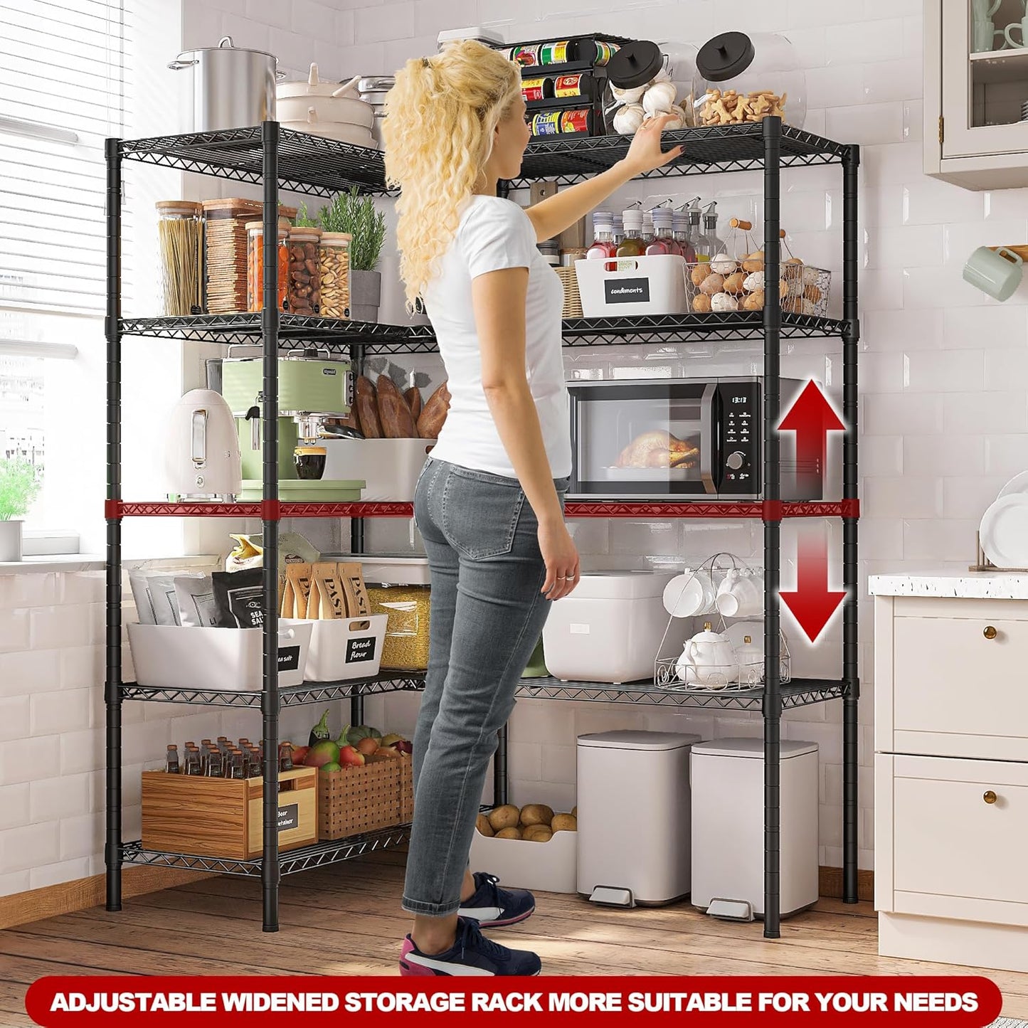 REIBII 5 Tier Wire Shelving Storage Shelves Loads 1430LBS, 58" W Metal Shelving Unit for Storage Adjustable Heavy Duty Garage Shelving Pantry Shelves Kitchen Shelving, Black, 2 Pack