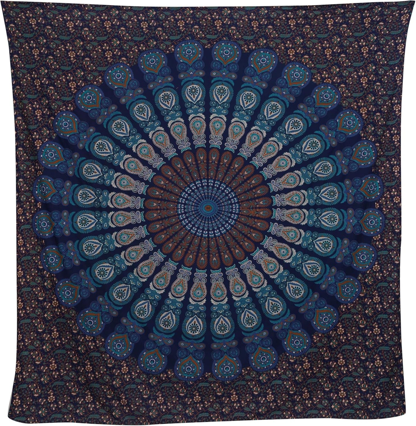 Bless International Handmade Indian hippie Bohemian Psychedelic Peacock Mandala Wall hanging College Dorm Beach Throws Table Cloth Bedding Tapestry (Blue Green, Queen(84x90Inches)(215x230Cms))