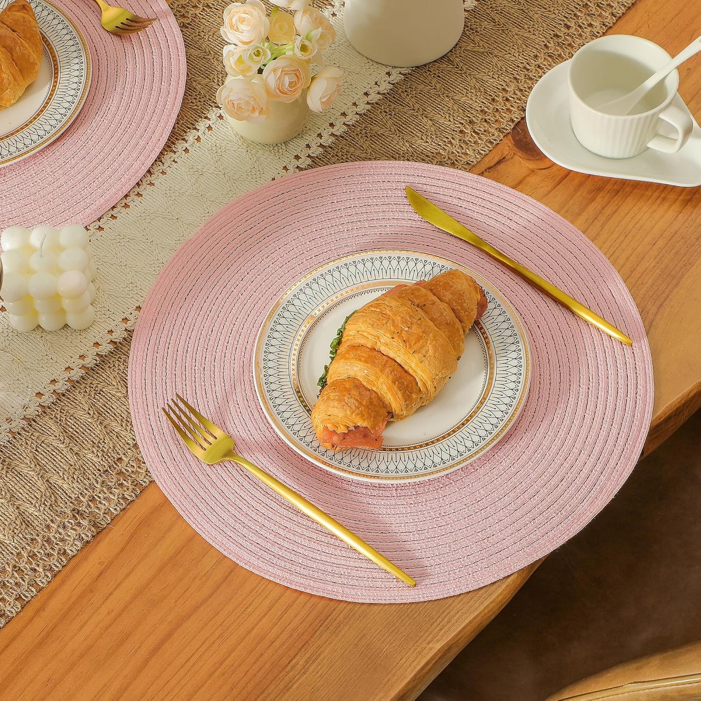 Leetaltree Round Placemats Heat and Slip Resistant Cotton Table Mats, Washable Bohemian Placemats for Dining Tables (Pink, Set of 4)