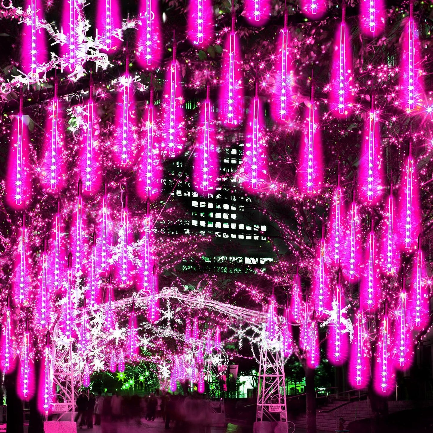 【4 Pack】 Christmas Meteor Shower Rain Lights 20inch, Totally 40 Tube 1440 LEDs Icicle Light Outdoor Raindrop Lights for Xmas Halloween Wedding Party Tree Holiday Decoration, Pink