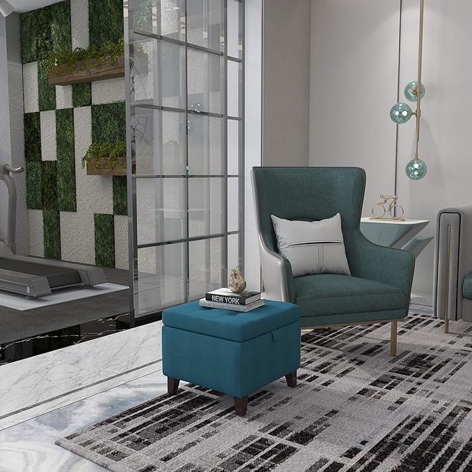 Adeco Square Fabric Storage Ottoman with Tufted Flip Top, 18x18x15