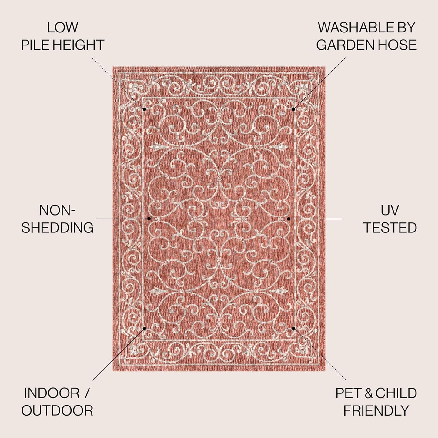JONATHAN Y Vintage Filigree Indoor Outdoor Square Area Rug 8X8 Red/Beige, Charleston Textured Weave for Backyard, Patio, Porch, Easy-Cleaning, High Traffic, Pet-Friendly, Non-Shedding (SMB106B-8SQ)