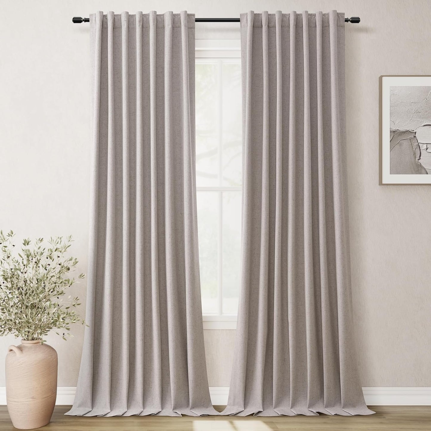 Room Darkening Curtains Brownish Grey Black Out Curtains 96 Inches Long 2 Panel Set Back Tab Neutral Linen Curtain for Sliding Door Modern Farmhouse Living Room Blackout Drapes Soundproof 52x96