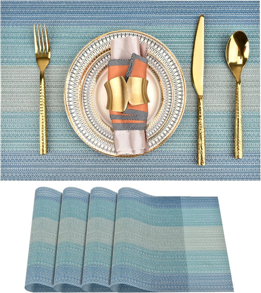 Placemats Set of 4 - Easy Clean Washable Vinyl Placemats - Wipeable Heat Resistant Table Mats for Dining Table - 17.7x11.8 Inch (4, Blue Gradient)