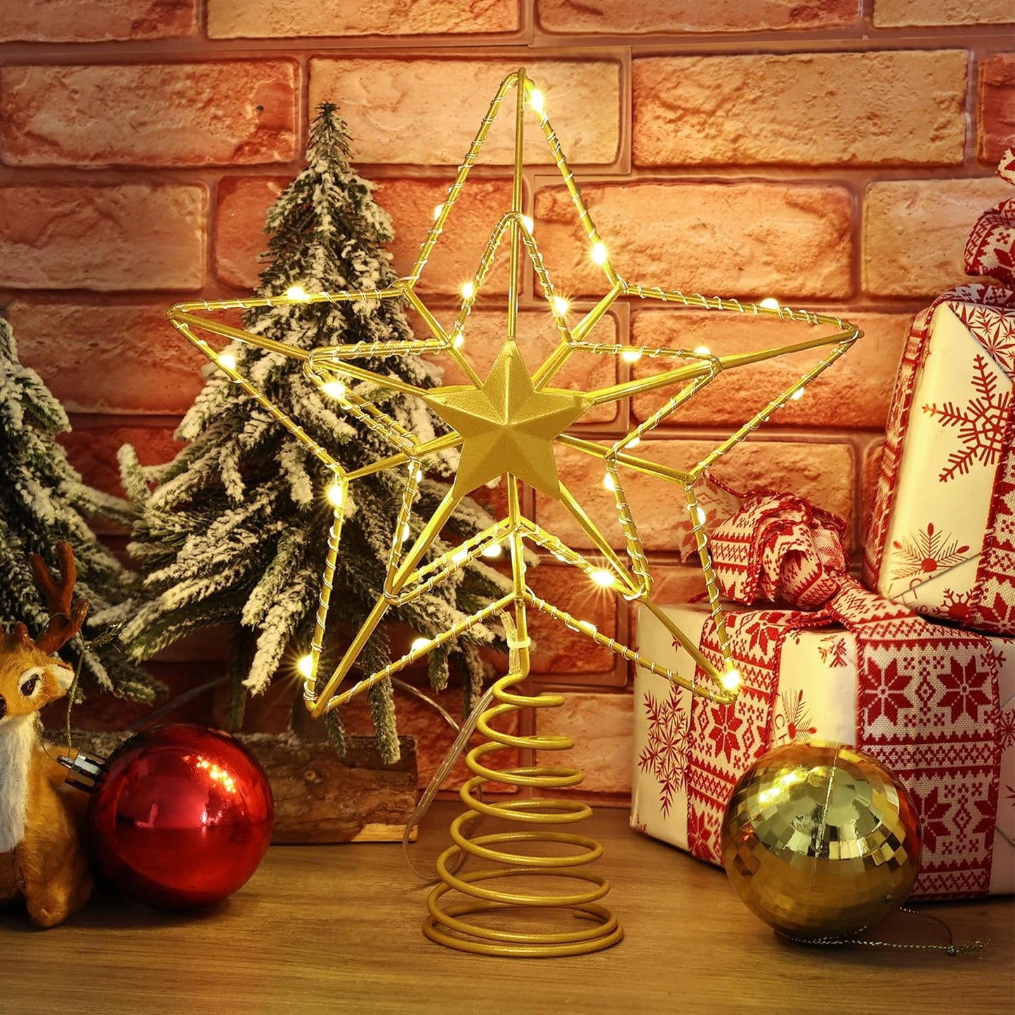 ODEERTONIC Gold Star Tree Topper, 8in Triple Layer Hollow-Out Star Tree Topper, 10 LED Warm White Christmas Tree Topper, Treetop Battery Chirstmas Tree-Top Lights for Xmas Tree Home Holiday