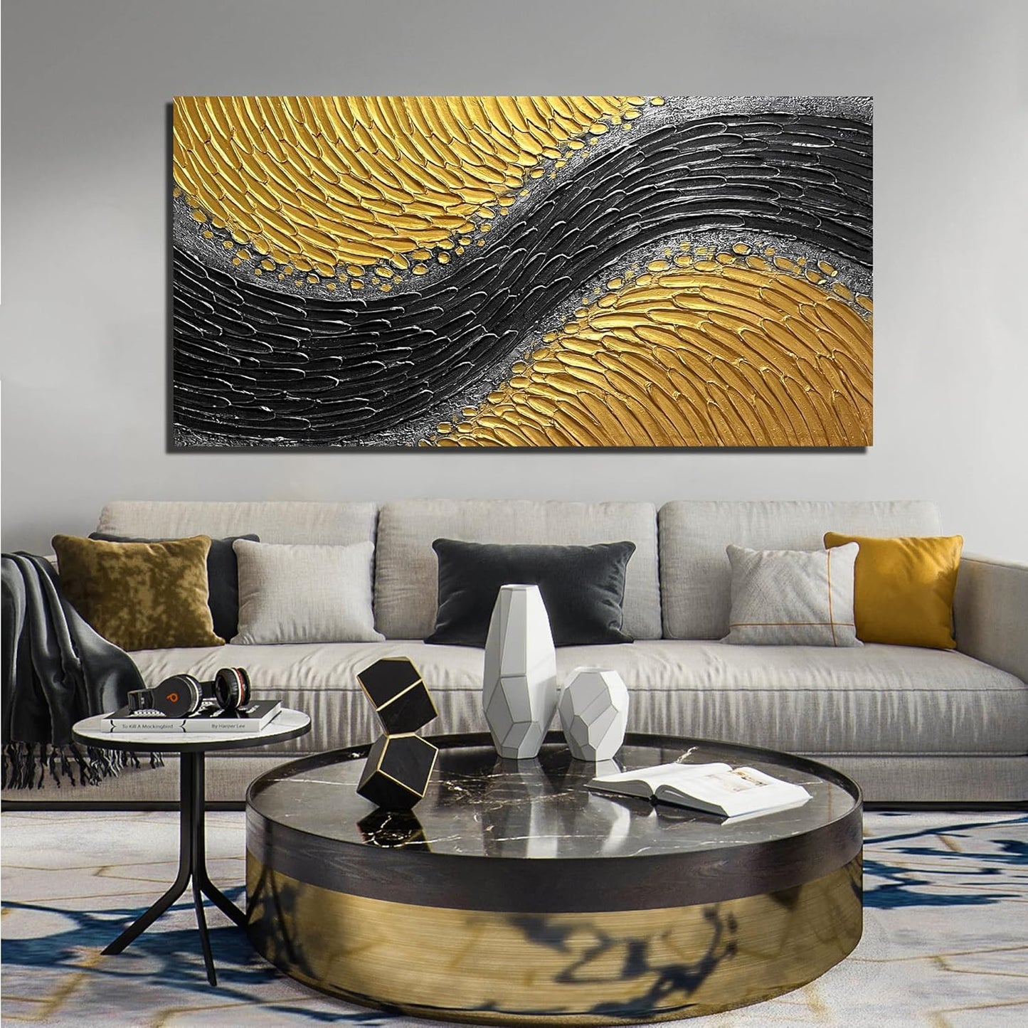 Black and Gold Hand Painted Oil Painting for Bedroom Abstract Pictures for Living Room Large Canvas Wall Art for Office Size 29 x 58 Inch