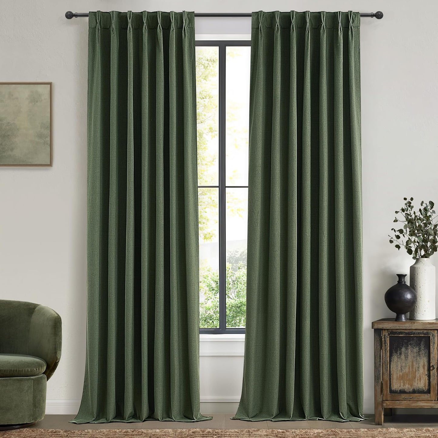 Lush Decor 132 Inch Long Insulated Back Tab Pinch Pleated Curtains, Linen Olive Green Blackout Large Window Drapes, Room Darkening Extra Long Tall Curtain for Living Room (40" Wx132 x2 Panels Loden)