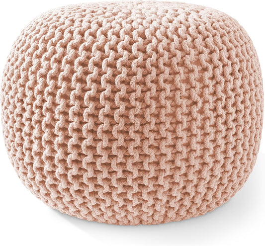 Casafield Round Pouf Ottoman, Light Pink - 20" Diameter x 14.5" High Cotton Knit Foot Stool - Boho Floor Pouffe for Living Room, Bedroom, Home Office