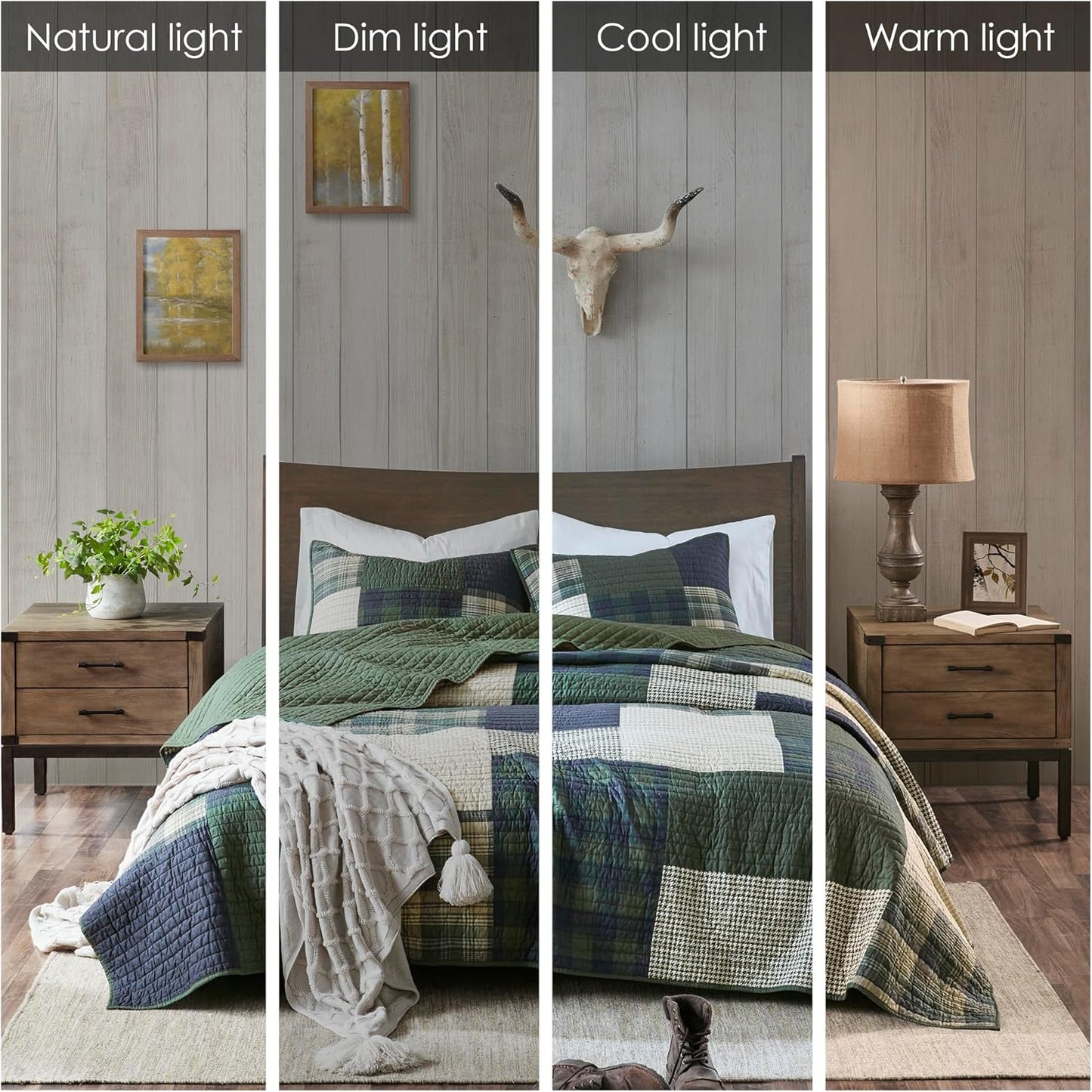 Woolrich Mill Creek Reversible Quilt Set - Cottage Styling Reversed to Solid Color, All Season Lightweight Coverlet, Cozy Bedding Layer, Matching Shams, Oversized King/Cal King, Plaid Green 3 Piece