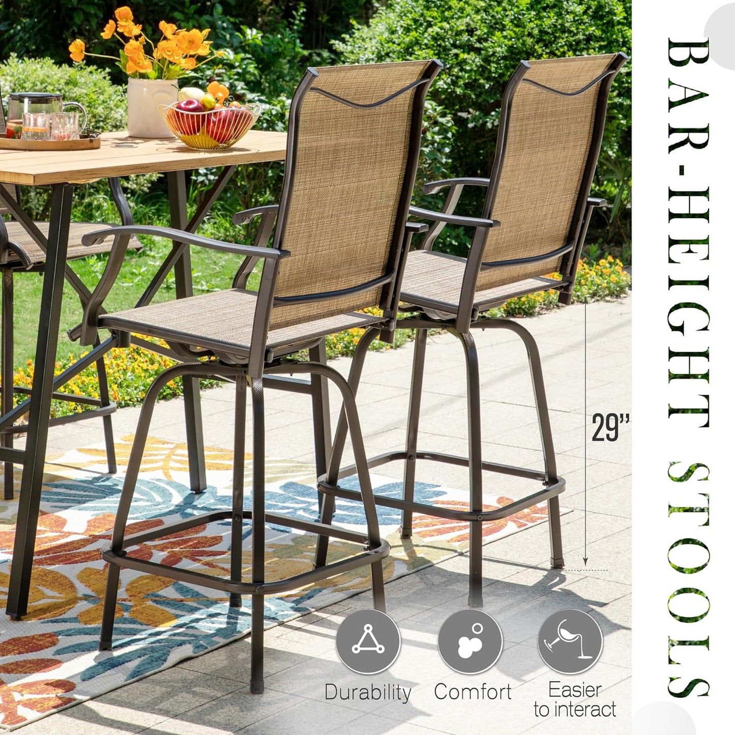Sophia & William Outdoor Bar Set, Patio Bar Table & Chairs Set, Bar Height Patio Set - 2 x Swivel Bar Chairs(Brown), 1 x Square Bar Table(Wood-Like)