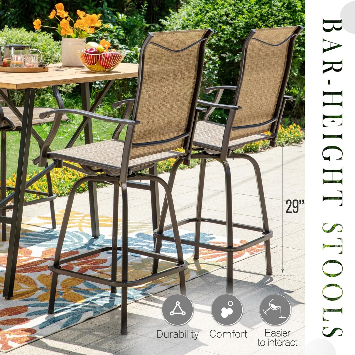 Sophia & William Outdoor Bar Set, Patio Bar Table and Chairs Set, Bar Height Patio Set - 6 x Swivel Bar Chairs(Brown), 1 x Rectangular Bar Table(Black)