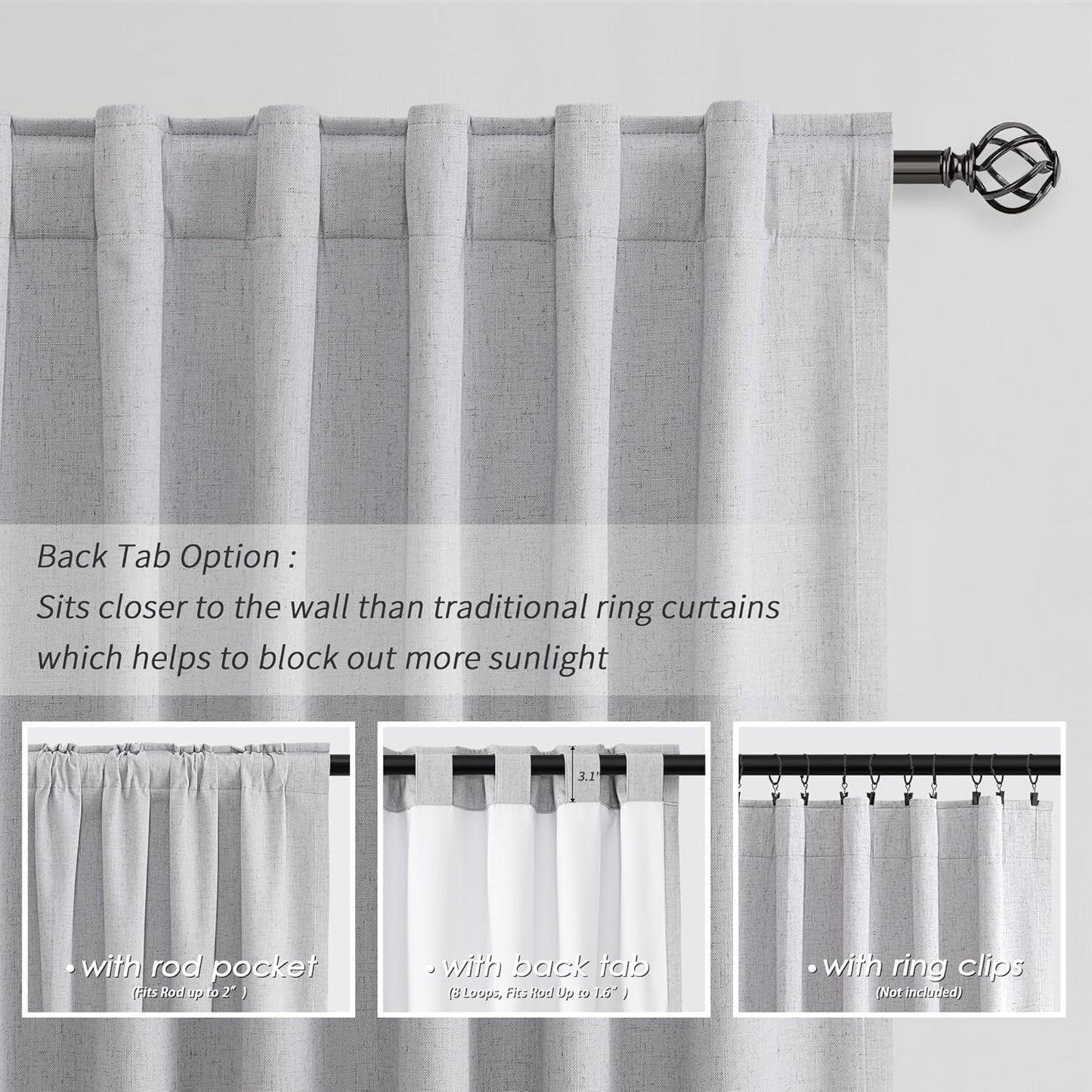 Light Grey Linen Blackout Curtains 63 Inches Long 2 Panels Set Back Tab Rod Pocket 100% Black Out Room Darkening Window Curtains Noise Reducing Gray Linen Textured Modern Heat Blocking Drapes 52x63