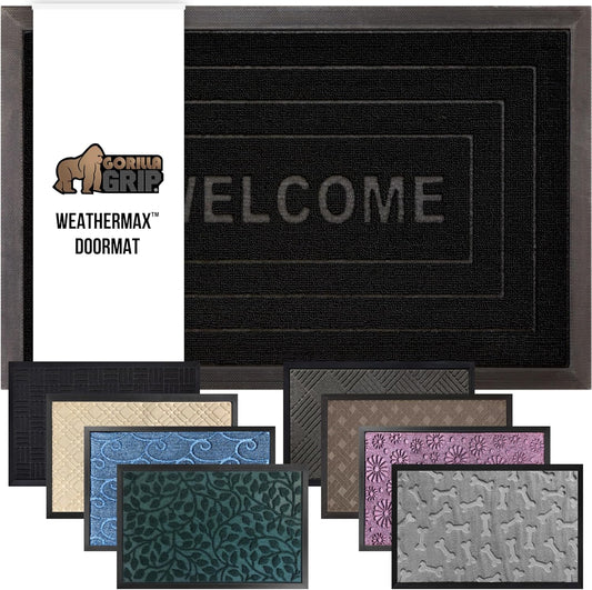 GORILLA GRIP 100% Waterproof All-Season WeatherMax Doormat, US Designed Natural Rubber, Stain and Fade Resistant, Low Profile Indoor Outdoor Door Mats, Easy Clean Patio Mat, 17x29, Black Welcome
