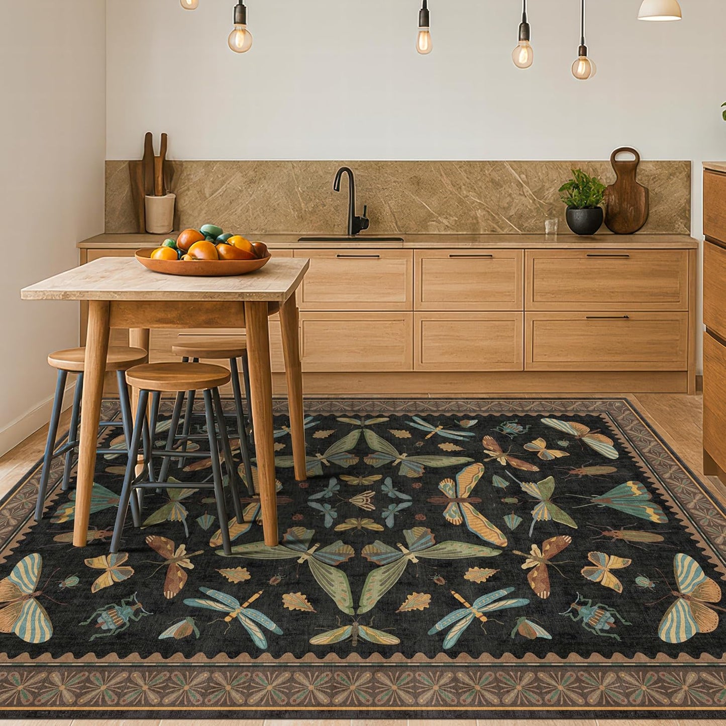 Washable 5x7 Black Rug for Living Room - Foyer Rugs for Entryway, Bedroom, Home Office, Gothic Witchy Insect Bug Floral Retro Indoor Décor