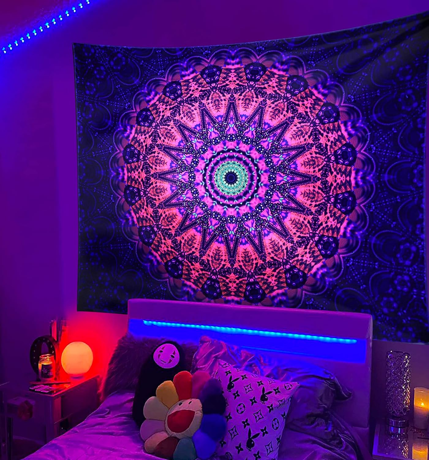 ADDWel Blacklight Mandala Boho Tapestry Glow In The Dark, Black Light Bohemian Hippie Poster Wall Hanging for Bedroom Aesthetic Wall and Room Decor (30" x 40", Mandala)