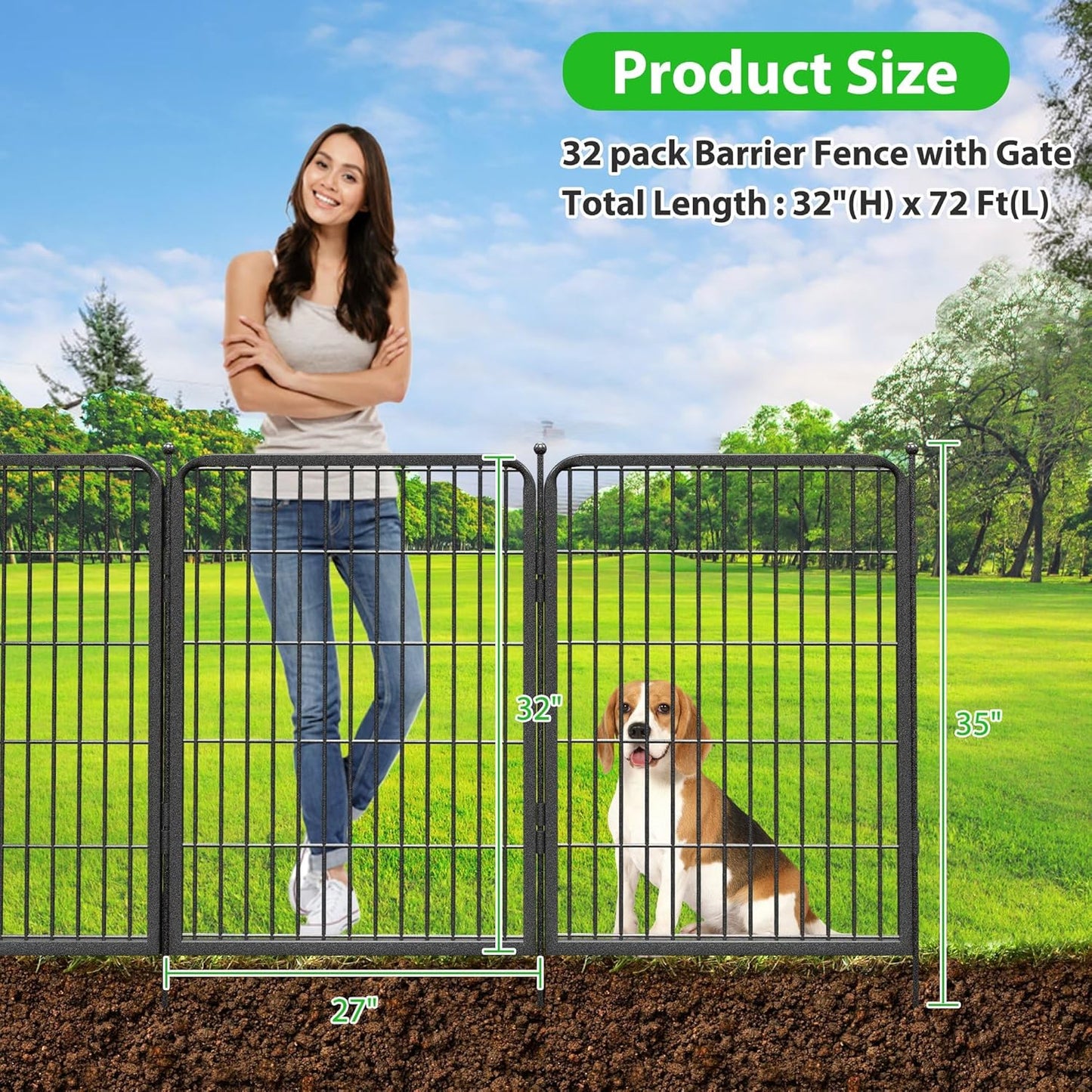 Decorative Black Metal Fencing Garden Fence with Gate, 73ft(L) 32in(H) 32 Fence Panels No Dig Fence Rustproof Animal Barrier Fence Temporary Dog Panels Fencing Outdoor