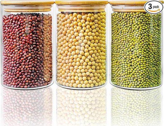 45oz - 3 Pack Glass Jars with Bamboo Lids, Glass Pantry Storage Containers with Airtight Lids, Round Air Tigh Food Storage Canisters for Cereal, Pasta, Flour, Sugar, Rice, Best for Kitchen Organizer