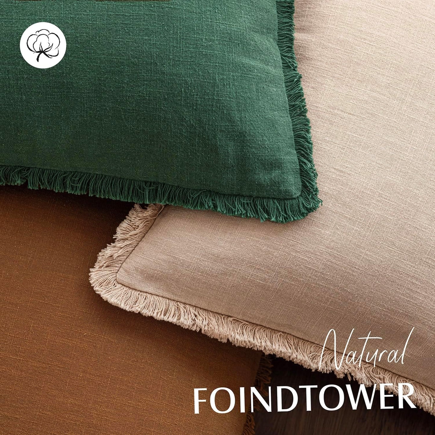 Foindtower Set of 2 Decorative Linen Fringe Throw Pillow Covers Cozy Boho Farmhouse Cushion Cover with Tassels Soft Accent Pillowcase for Couch Sofa Bed Living Room Home Decor, 18×18 Inch, Pine Green